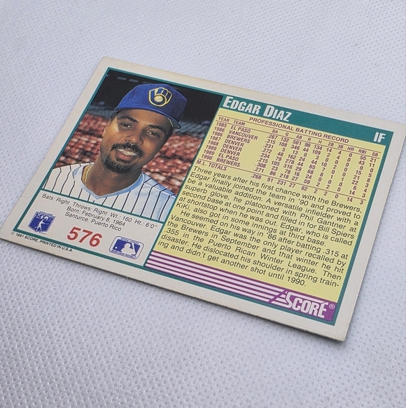 1991 Score Edgar Diaz Milwaukee Brewers #576 Baseball Card - Picture 4 of 4